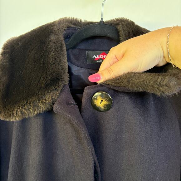 Vintage Navy Pennylane Long Coat Faux Fur Collar Wool Blend Formal Winter - Picture 6 of 13